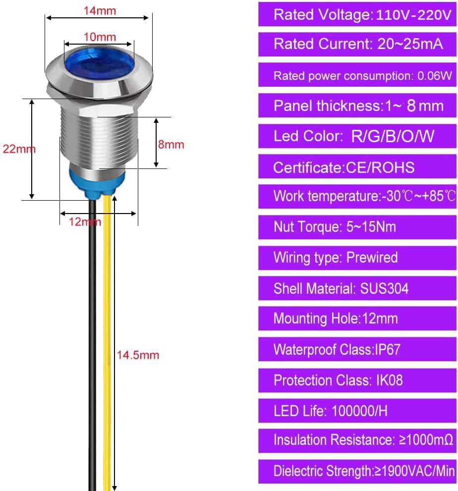 Gebildet 5pcs 12mm LED Metal Indicator Light 110V-220VAC Waterproof Signal Lamp (Blue) - color: Blue 110V