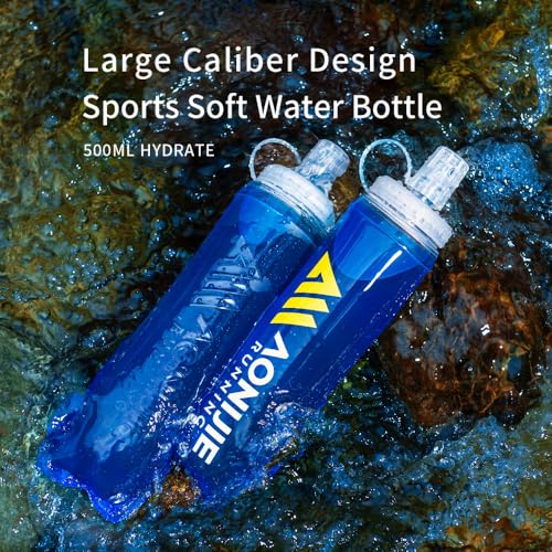 AONIJIE TPU Soft Flask Water Bottle Collapsible Running Flask for Hydration Pack, BPA Free, Wide Opening, for Outdoor Sports Hydration - color: E1#500ml(Embossing)-2Pcs
