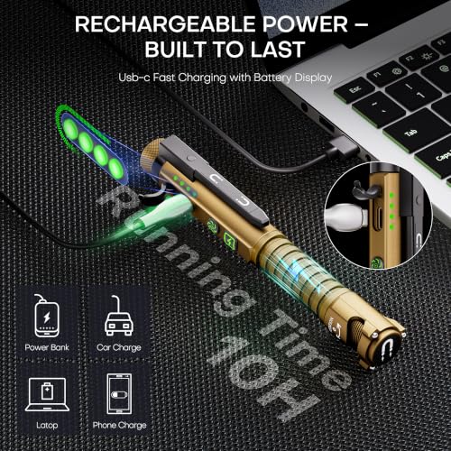 EDC Flashlight Rechargeable,800 Lumen Small Flashlight with Magnetic Clip & Base, 11 Modes LED Flashlight,Glass Breaker&Bottle Opener, USB-C Flashlight for Working,Home and Emergency - color: Yellow
