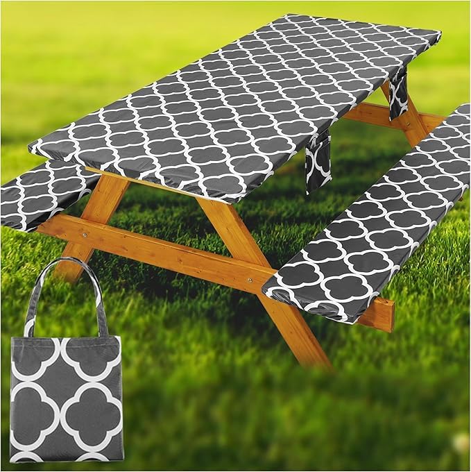 Fitted Picnic Table Cover with Bench Covers Waterproof Elastic Edges Rectangle Patio Tablecloth Outdoor Camping Essentials Stuff Rv Accessories Summer Trip Travel Supplies Party Camper Gifts, 6 ft - color: Gray Line Flower, size: 72in