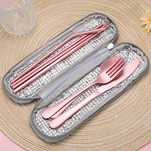 Portable Stainless Steel Flatware Set, Travel Camping Cutlery Set, Portable Utensil Travel Silverware Dinnerware Set with a Waterproof Case (Pink) - color: Pink