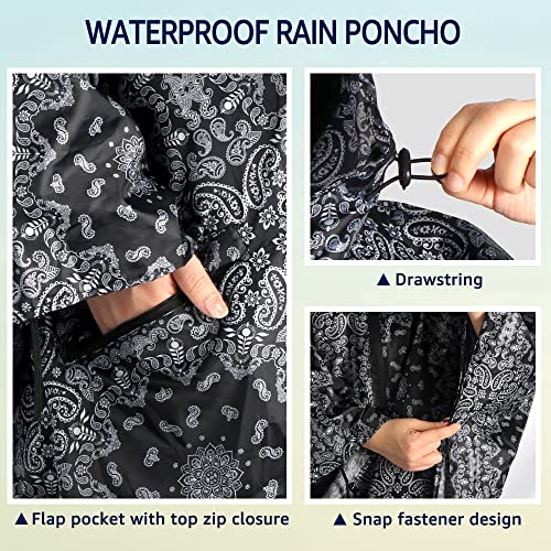 ANYOO Waterproof Rain Poncho Lightweight Reusable Hiking Hooded Coat Jacket for Outdoor Activities - color: Black Flower