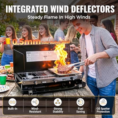 FineFlame Camping Stove, Propane Portable Camp Stove, 20400BTU-3 Burners - color: Black-3 burner-20400BTU