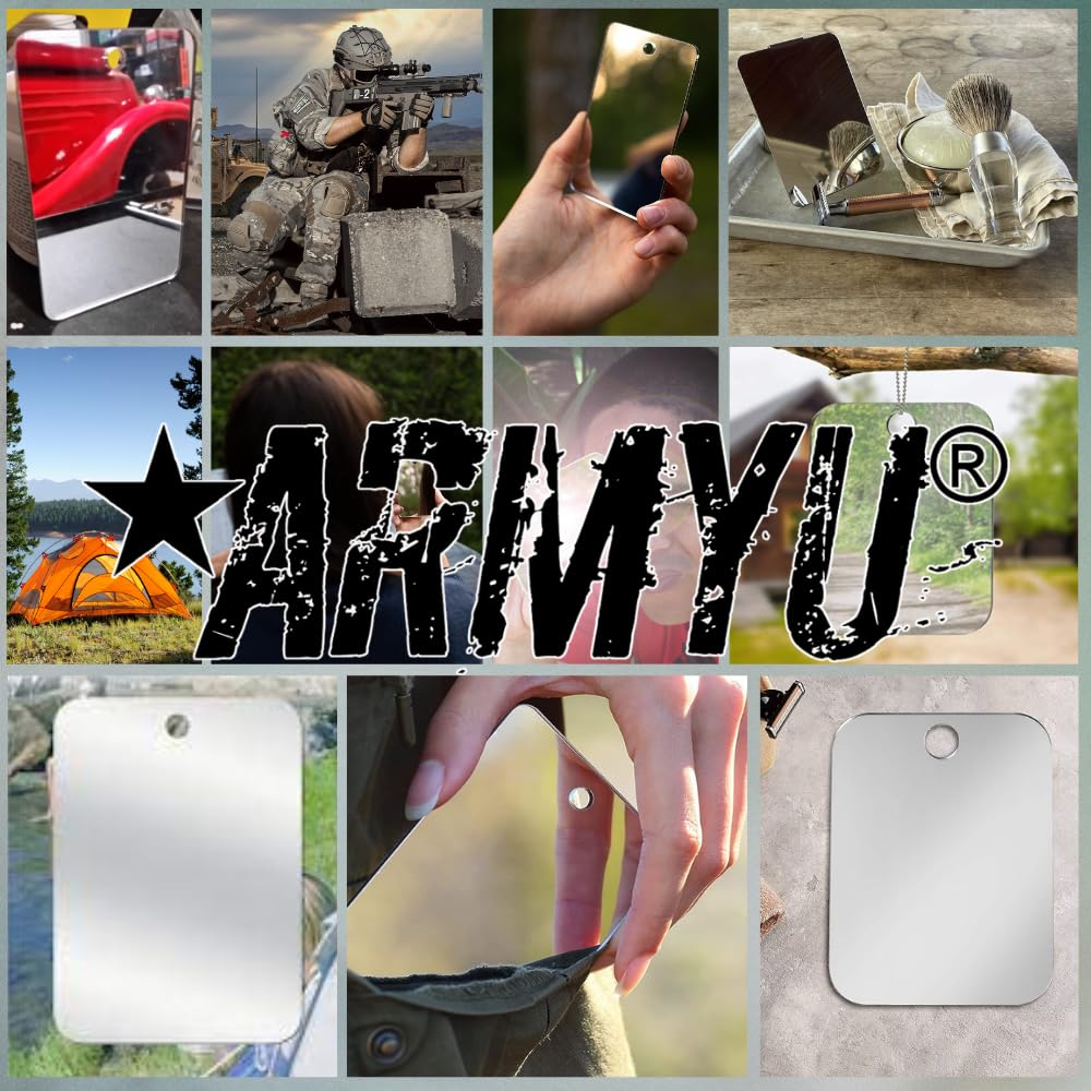 Army Universe Camping Mirror Stainless Steel 3"x4" - Portable Handheld Compact, Includes 24" Hang Chain Ballchain - Great for Shaving Shower Travel Emergency Cars Makeup Signal